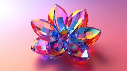 Multifaceted Glass Flower with Iridescent Hues on a Pink Background