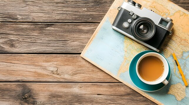 Flat lay arrangement of vintage and travel map on a rustic wooden table evoking a sense of nostalgic travel experiences