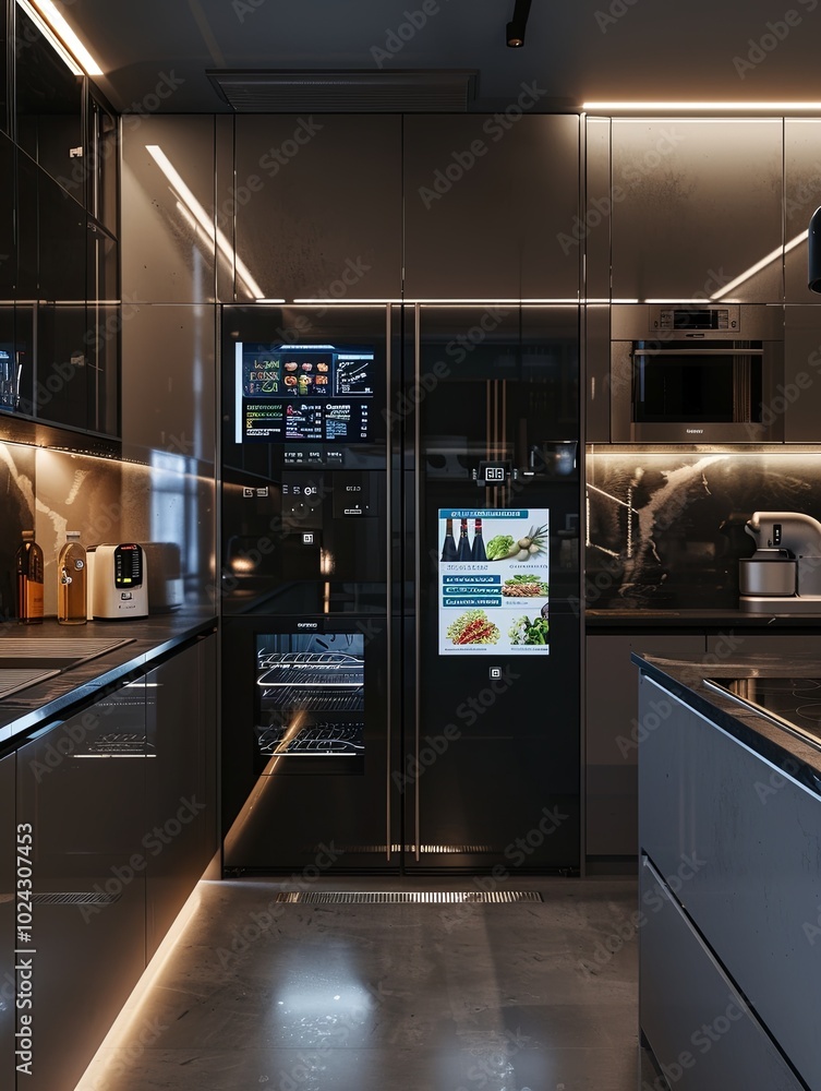 Poster this high-tech kitchen showcases a smart refrigerator with a touchscreen for grocery lists and a voi