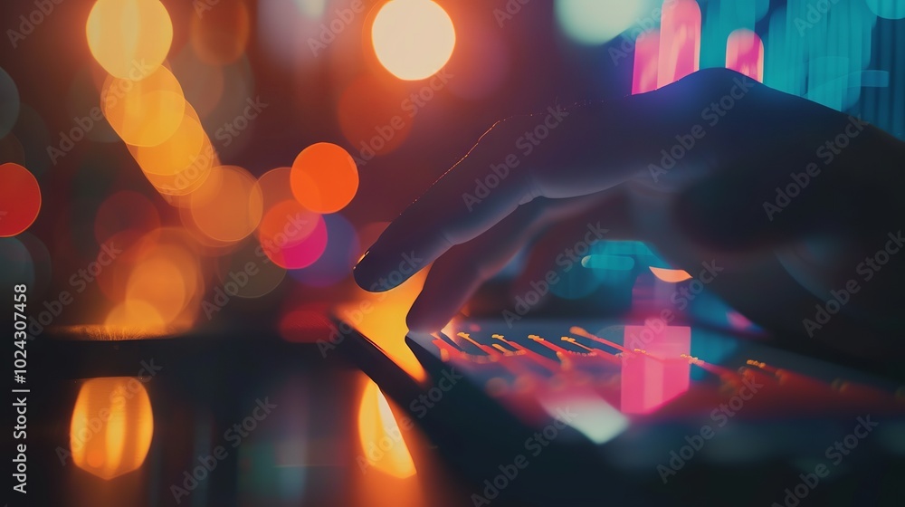 Poster silhouette of finger interacting with tablet displaying stock market trading graphs, with abstract b