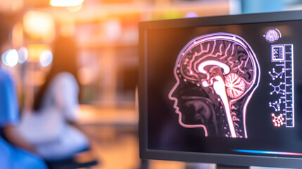 Close-up of scientist analyzing brain scan images on monitor, detailed neural pathways symbolize dementia research in medical lab setting.