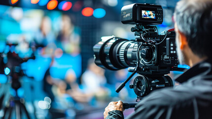 A cameraman captures footage at a live event, surrounded by colorful stage lighting, highlighting the dynamic atmosphere of the production.
