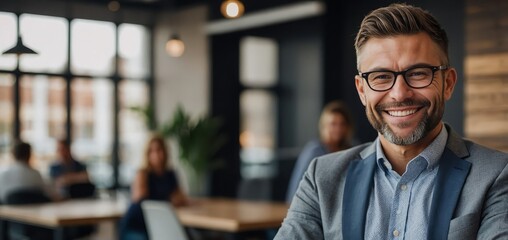 Obraz premium Portrait, smile and business man with arms crossed for coworking, pride or opportunity. Face, confidence or manager, entrepreneur or creative editor with glasses in startup for leadership experience