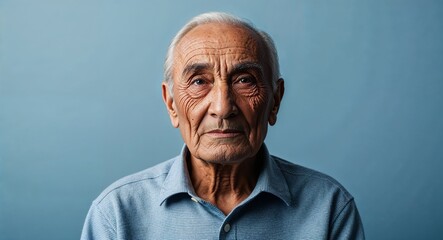Obraz premium Elderly Latino man with sagging cheeks neutral face soft blue background
