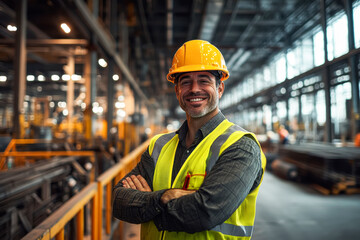 A confident construction worker wearing a yellow hard hat and safety vest, standing in an industrial