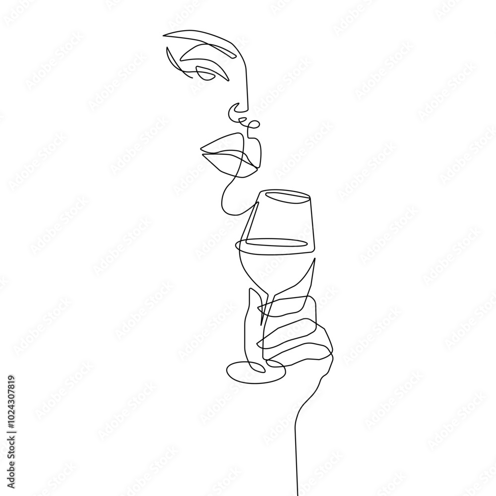 Wall mural Woman Holds Wine Glass Continuous One Line Drawing. Female Face and Wine Glass Abstract Black One Line Drawing. Vector Linear Illustration for Minimalistic Design.