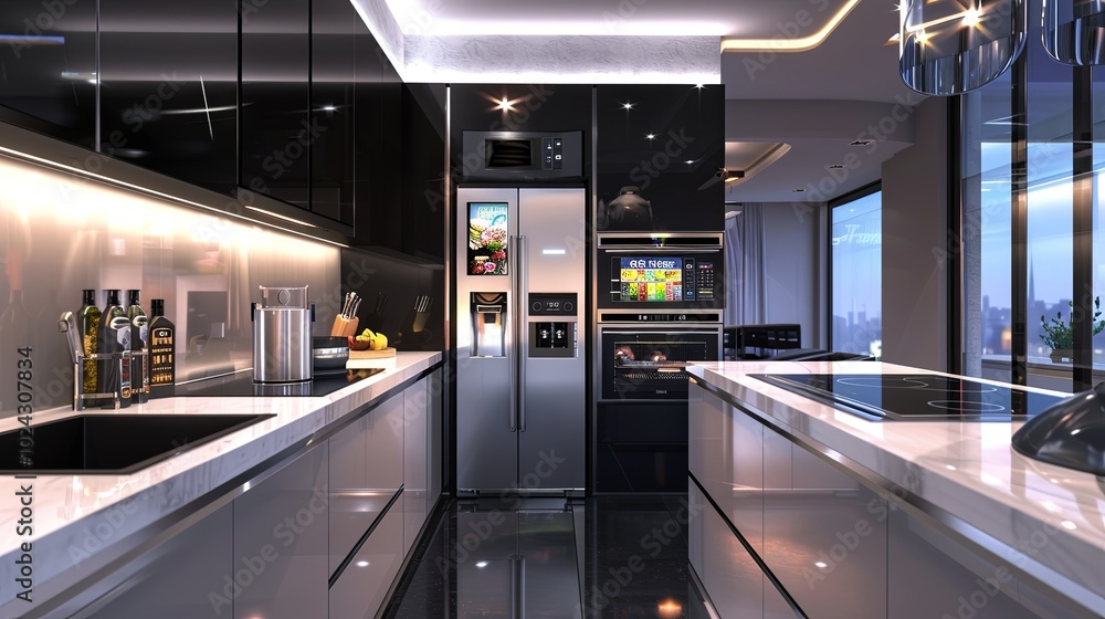 Poster this high-tech kitchen showcases a smart fridge with touch screen features for grocery lists and a v