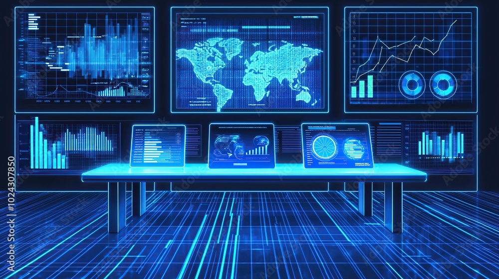 Poster futuristic control room with glowing blue screens displaying data, charts and graphs.