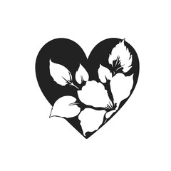 Heart with Flowers Vector Silhouette. Heart Floral Illustration. Flowers with Leaves Love Symbol Black Sketch Illustration on White Background
