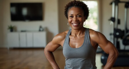Professional Portrait of an active black African American mature woman smiling and doing fitness pilates at her home gym