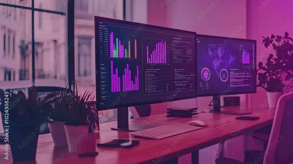 Poster a desk with two monitors displaying data and a world map, with a keyboard, mouse, and plants.
