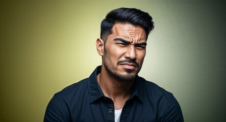 Fototapeta premium Latino man with high cheekbones frowning yellow gradient background