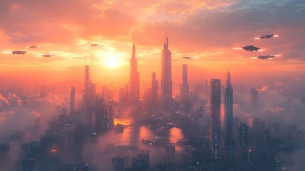 Fototapeta premium A futuristic cityscape with tall buildings, a river running through the middle and flying vehicles in the sky at sunset.