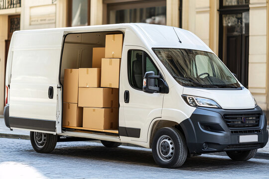 white delivery van with open doors with cardboard boxes