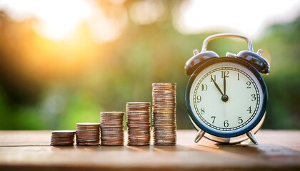 An analog alarm clock next to increasing stacks of coins, symbolizing time and money management