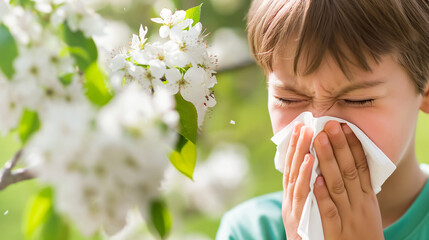 Person sneezing into tissue amidst blooming flowers and green leaves, symbolizing allergy season, with ample copy space for text or design elements.