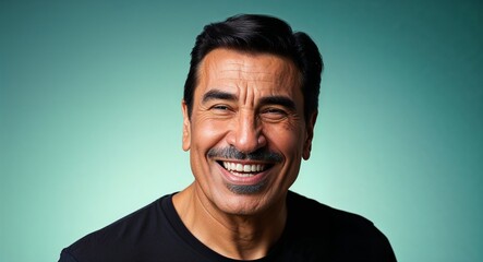 Obraz premium Middle aged Latino man with defined nose smirking warm teal gradient background