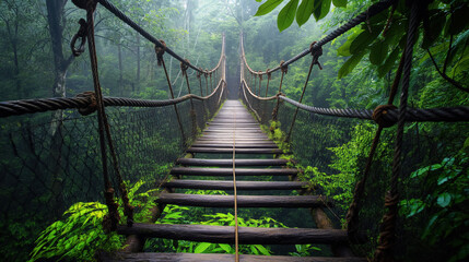 Suspended rope bridge in a lush, misty forest, extending into the distance, inviting adventure and discovery in a tranquil, green setting.