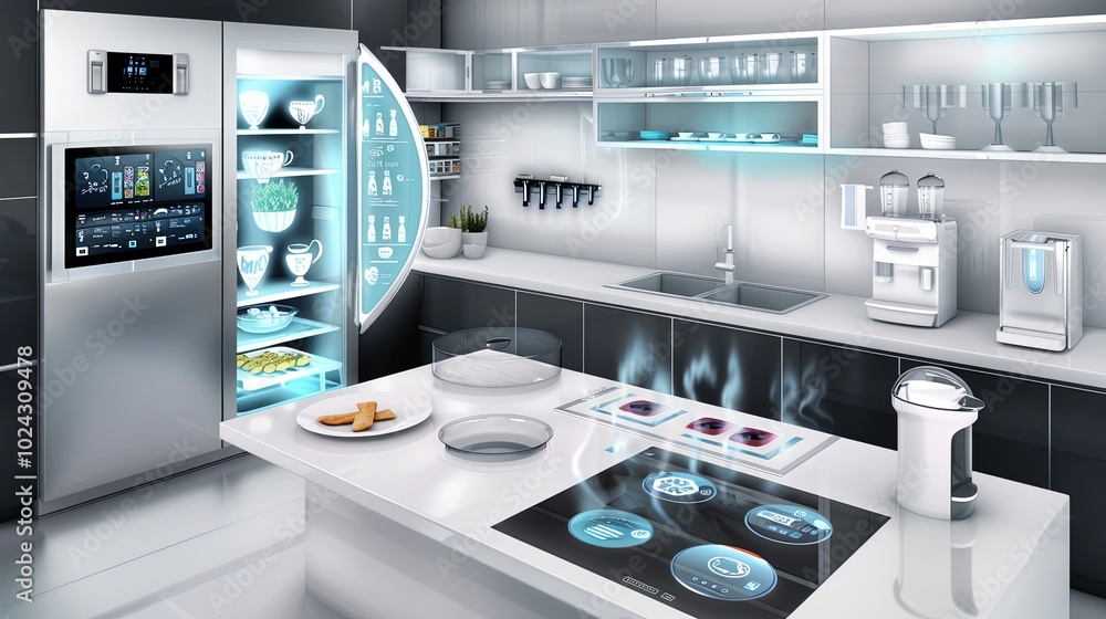 Poster The kitchen showcases advanced appliances including a touchscreen refrigerator with grocery lists and a smart oven that uses voice commands. Generative AI