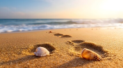 Tranquil sandy beach with scattered seashells under soft warm sunlight  Double exposure effect with silhouette of footprints creating a serene minimalist and ethereal scene