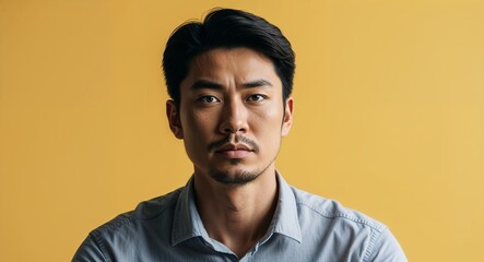 Obraz premium Young Asian man with oval face serious warm yellow background