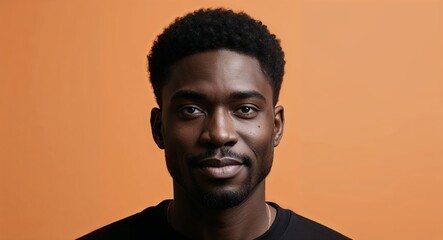 Fototapeta premium Young Black man with dimples neutral face light orange background