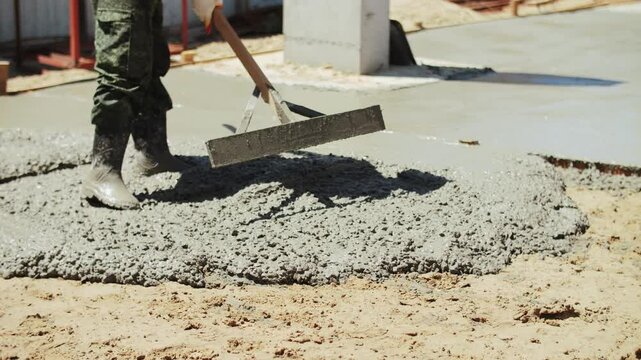 Builder leveling liquid concrete at the construction site