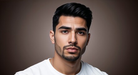 Fototapeta premium Young Latino man with defined chin serious dark brown gradient background