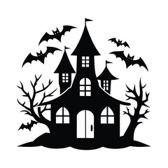 Halloween hunter house silhouette with bats on whit background. 