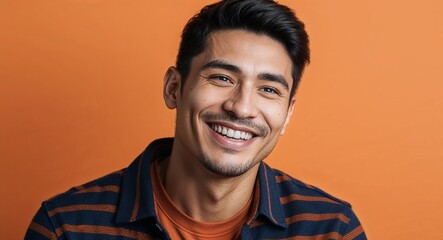 Obraz premium Young Latino man with narrow face grinning warm orange background