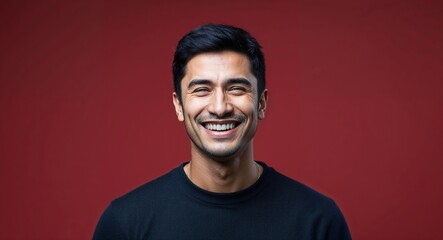 Fototapeta premium Young Latino man with oval face smirking dark red background