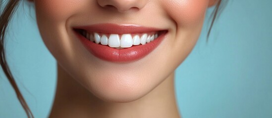 Obraz premium Close-up of a Woman's Smile On Soft Blue Background. Beautiful Smile Of Healthy Woman, Dental Care Concept. Generate Ai Image