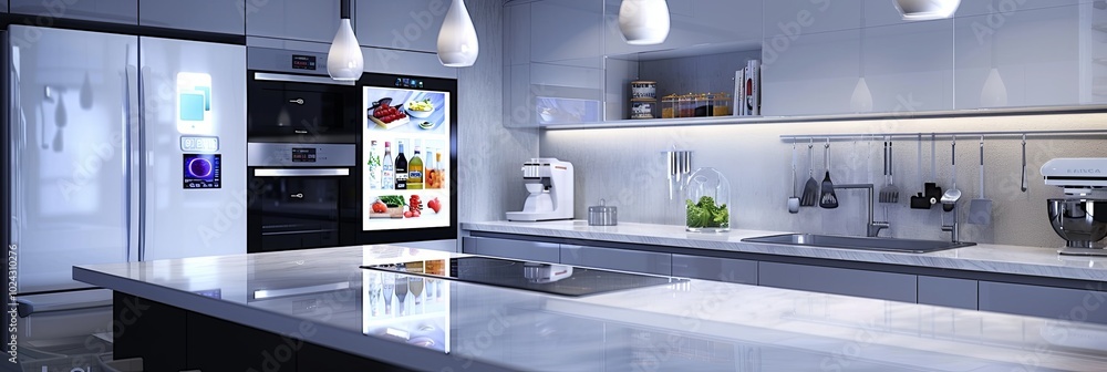Poster This sleek kitchen highlights advanced technology with a smart refrigerator displaying grocery lists and a voice-activated oven. Generative AI