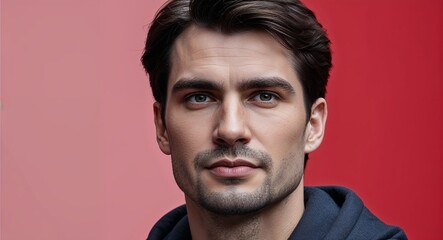Fototapeta premium Young white man with square chin neutral face soft red background