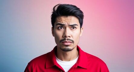 Obraz premium Young white man with square jaw confused pink gradient background