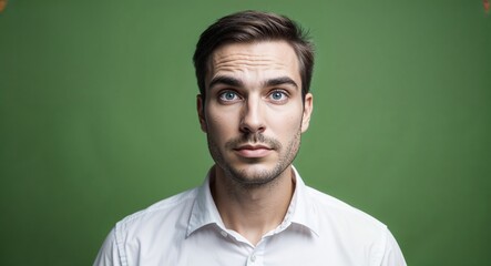 Fototapeta premium Young white man with wide forehead serious warm green background