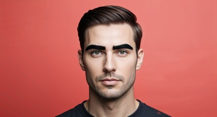 Obraz premium Young white man with straight eyebrows focused warm red background