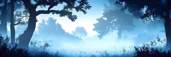 Fototapeta premium Misty forest silhouette at dawn creates atmospheric landscape