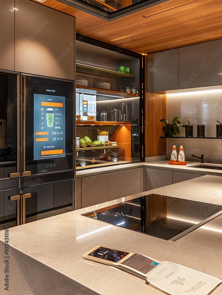 Poster the kitchen showcases high-tech appliances like a smart refrigerator with a touchscreen and a voice-
