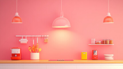Bright and cheerful kitchen with pink walls, modern lighting, and colorful utensils. vibrant decor creates warm and inviting atmosphere, perfect for cooking and entertaining