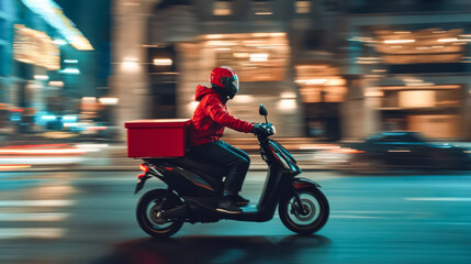 A delivery rider wearing a red jacket and helmet, speeding through the city on a black scooter