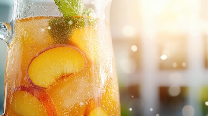 Refreshing Ice Tea in Glass Pitcher with Peach Slices