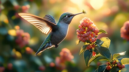 Fototapeta premium A hummingbird hovers in flight, its beak extended to feed on a delicate pink flower, bathed in the warm glow of the setting sun. The background is blurred, creating a sense of ethereal beauty.