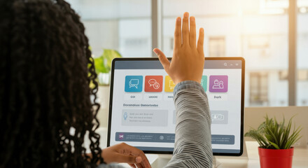 Person raising hand while engaging with online learning platform on laptop
