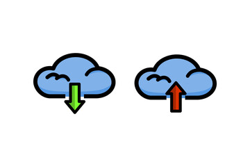 Set of cloud database upload and download Icon. Technology, security, storage, connection, access concept. Colored outline vector design isolated illustration.