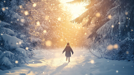 A child walks through a snow-covered forest during the Winter Solstice at sunset