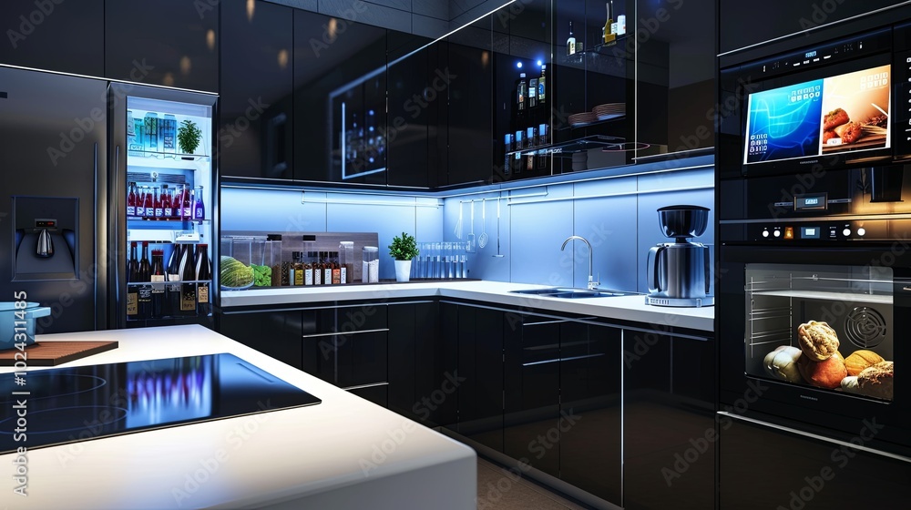 Poster this high-tech kitchen showcases a smart refrigerator with grocery lists and a voice-controlled oven