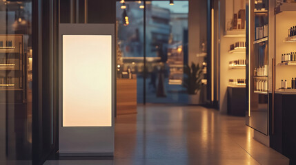 A modern retail space featuring elegant lighting and stylish displays, creating warm and inviting atmosphere for shoppers. sleek design enhances overall shopping experience