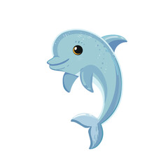 Dolphin cute childish cartoon illustration. Vector clip art dolphin isolated on white background Flat design element	