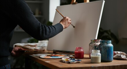 Fototapeta premium Caucasian male artist painting on canvas with various paint jars table